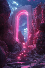 Fototapeta premium surreal scene featuring glowing archway surrounded by rocky terrain, leading to starry sky. vibrant neon colors create