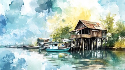 Artistic Watercolor Painting of Tropical House on Stilts