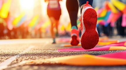 Runners in Vibrant Clothing Participating in a City Marathon Event on a Sunny Day