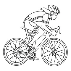 Fototapeta premium Line Art Cyclist: Black and White Illustration of a Female Biker Riding a Bicycle, Wearing Helmet, Sports and Recreation Theme, Coloring Page
