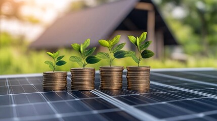 stack of golden coins on a solar panel topped with a green plant, symbolizing economic growth, business investment, energy savings, and sustainable development