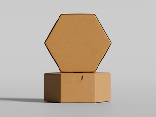 Hexagon box brown color for mockup collection isolated on white background. 3d render illustration