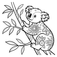 Koala Coloring Page: Cute Cartoon Koala Bear on Eucalyptus Branch, Detailed Floral Designs, Printable Animal Outline for Kids and Adults