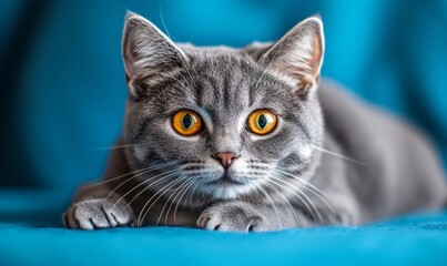 Gray Tabby Cat with Striking Orange Eyes Lying on Blue Background, Direct Eye Contact, Relaxed and Playful, Pet Portrait, Vivid Colors, Feline Curiosity, Cozy Indoor Cat, Domestic Animal