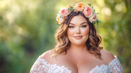 Curvy bride wearing flower crown and white dress smiling in nature