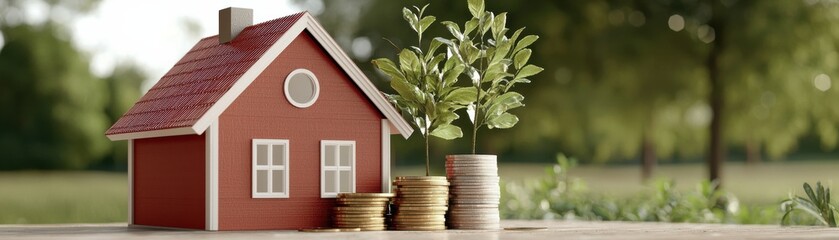 Naklejka premium Miniature red house model next to plant pots and stacks of coins on wooden table in bright outdoor garden setting