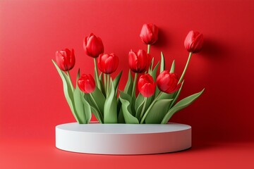 red spring product display podium with red tulips flowers on red background, fresh floral display platform for cosmetic, feminine product, spring and summer vivid color mock up backgrounds.