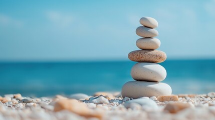 Serene beach scene with a balanced stack of stones symbolizing meditation and mental health wellness, tranquil and harmonious atmosphere.