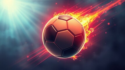 Naklejka premium Soccer ball ignites passion with fiery trails as it soars into the goal during an electrifying match under vibrant stadium lights