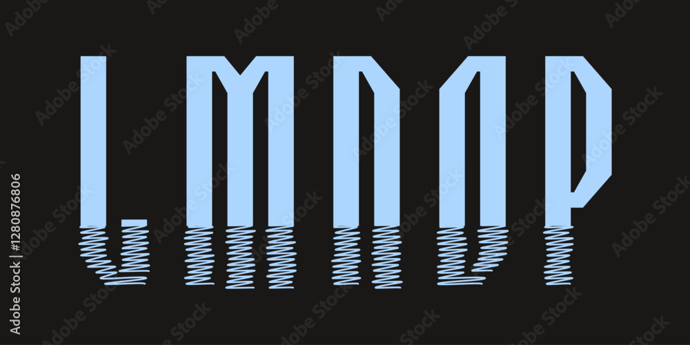 Poster abstract vector letters l-p with glitchy stroke transitions. stylish blue uppercase font on a black 