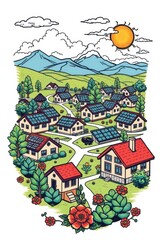 Charming village nestled in rolling green hills under a bright sun with solar panels adorning cozy homes
