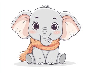 Fototapeta premium Cute baby elephant wearing scarf, sitting, white background, children's illustration