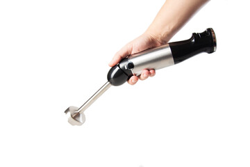 Modern immersion blender with a chopper in hand on a white background, isolate.