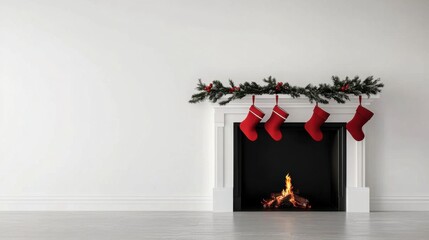 Festive Christmas Fireplace with Red Stockings and Greenery in a Bright Room