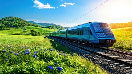 Fototapeta premium High-Speed Train Traveling Through Lush Green Fields Under Bright Blue Sky