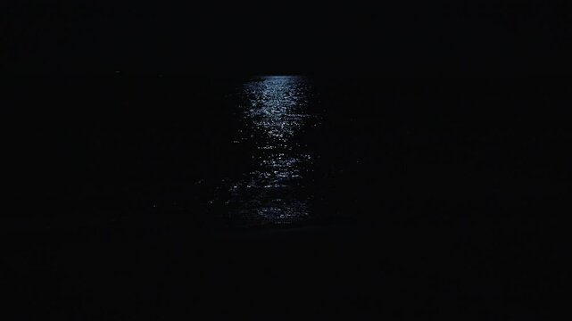 Glistening moonlight dances on the surface of a tranquil ocean, creating a peaceful atmosphere. The surrounding darkness enhances the beauty of this natural nighttime scene.
