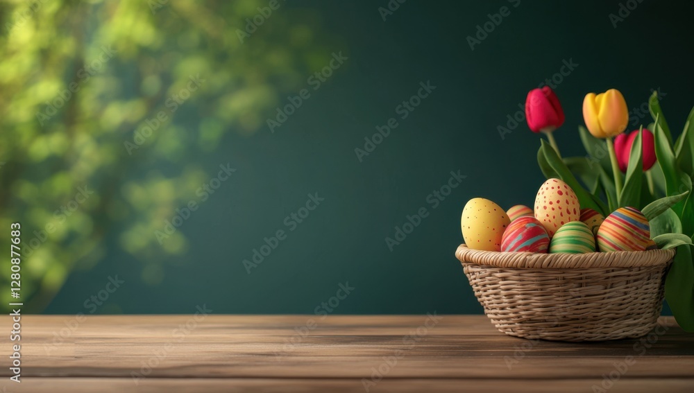 Poster easter background with a basket full of colorful eggs and tulips on a wooden table, with copy space 