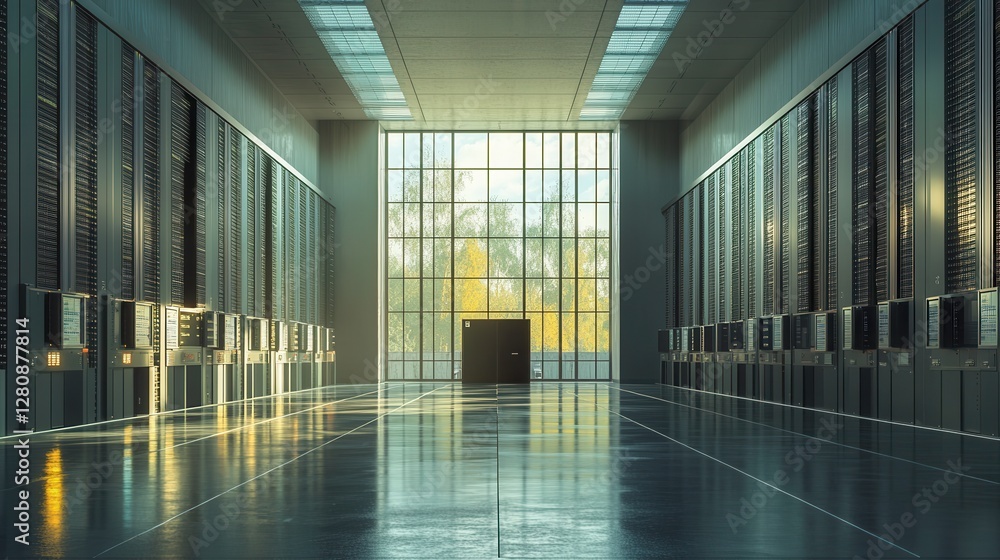 Poster a modern data center with rows of servers, featuring large windows that allow natural light to fill 
