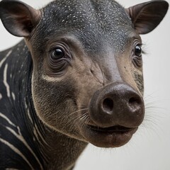 Fototapeta premium A close-up of a baby tapir’s face with fine details on a white background.