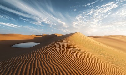 A desert scene with curving sand dunes and a reflective water body under the soft light