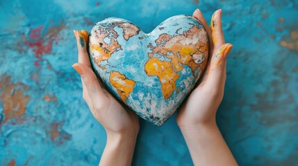 Female hands forming a heart shape, painted with a world map on a blue background.