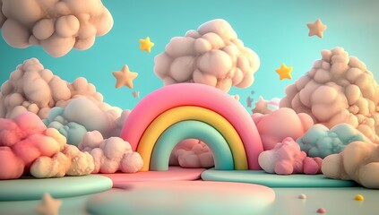 Fototapeta premium This 3D rendering showcases a podium in a colorful, kid-friendly style, situated on a background with clouds, weather, and empty space for kids' or baby products, built on a sweet dream-inspired