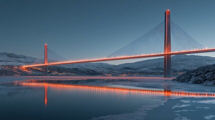 Fototapeta premium Illuminated cable-stayed bridge at dusk, reflecting in icy fjord