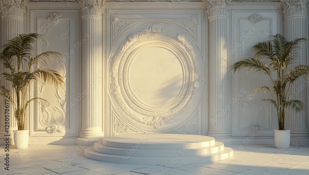Poster in a modern setting for awards, a minimalist podium and scene are depicted on an abstract gray backg