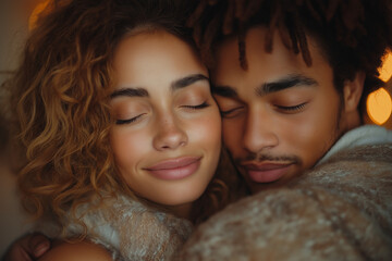 Obraz premium Loving couple holding each other closely in a cozy indoor setting, expressing warmth and emotional connection.