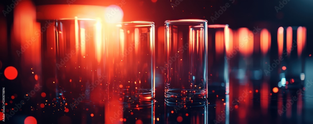 Aufkleber glassware arrangement with sparkling lights and bokeh background in a dimly lit setting