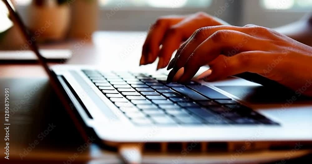 Leinwandbilder close up of hands typing on laptop keyboard with brown background and selective focus