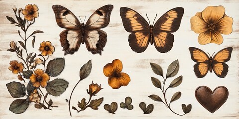 Vintage Scrapbook Elements Set with Butterflies, Flowers, and Hearts - Decorative Cut Out for Crafts, DIY Projects, and Journals