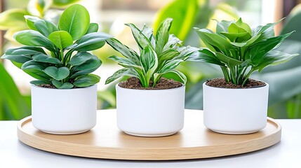 Obraz premium Three potted indoor plants Aglaonema Peperomia Spathiphyllum on wooden tray home decor