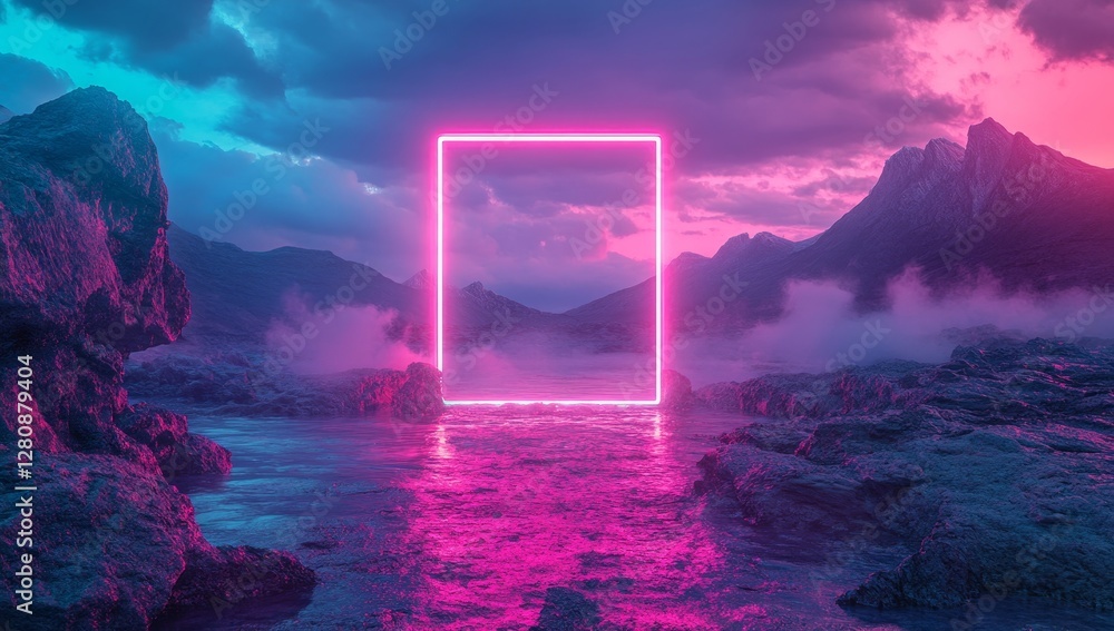 Poster a nighttime terrain landscape serves as the backdrop for this 3d rendering, which includes a glowing