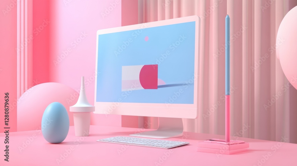 Poster pastel pink computer desk setup with a minimalist design