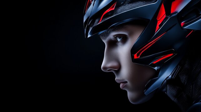 Futuristic portrait of a young man in a sleek, black helmet with red accents. Dramatic lighting and a dark background create a mysterious mood.