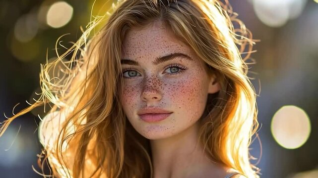 Freckled redhead woman portrait, outdoors, sunlight.