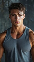 Fototapeta premium Muscular Young Man with Defined Physique Wearing Athletic Tank Top in Intense Portrait