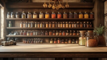 Rustic kitchen shelf displaying jars of spices and herbs in natural lighting