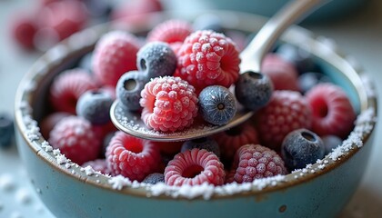 Spoon scooping frozen berries from frosty bowl, winter delight