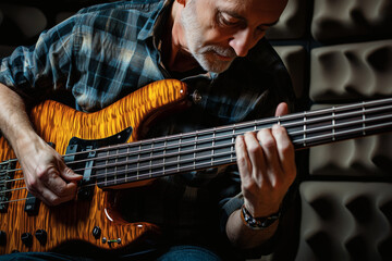 Obraz premium Musician playing a bass guitar with intense focus.