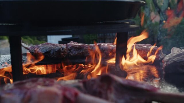Sizzling steaks cook over a glowing fire in a backyard during a warm summer evening. The flames dance as the aroma of grilled meat fills the air, inviting everyone to gather.