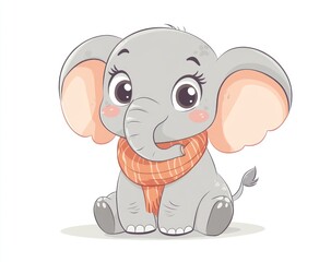 Fototapeta premium Cute baby elephant wearing scarf, sitting, white background, children's book illustration
