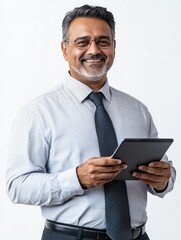 Smiling man in business attire holding tablet, professional portrait for stock image use