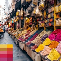 Fototapeta premium Colorful spices and herbs in vibrant market display in istanbul street scene