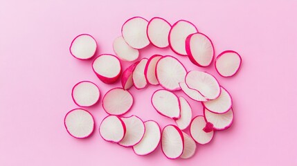  Stylish Flat-Lay of Thinly Sliced Radishes Fanned Out on a Pastel Background, Highlighting Freshness and Aesthetic Beauty