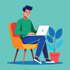 a boy is using his laptop vector