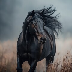 Fototapeta premium Elegant Black Horse Running Through Misty Meadow at Sunrise