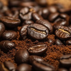 Fototapeta premium Freshly Roasted Coffee Beans Close-up on Dark Background