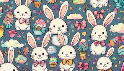 Obraz premium Hand-drawn doodle-style pattern featuring playful Easter elements like smiling bunnies, bows, colorful eggs, and whimsical designs, creating a fun and lighthearted festive atmosphere.